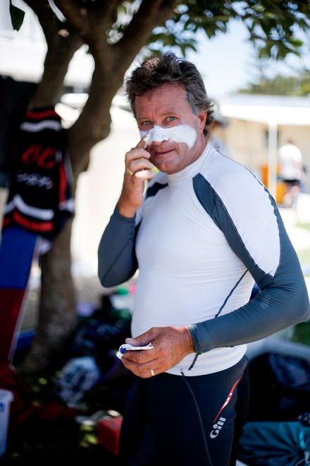 Brad Devine applying war paint before taking out the Invitation race - 2012 International 14 Australian Championships © Andrew Gough - copyright http://www.andrewgoughphotography.com